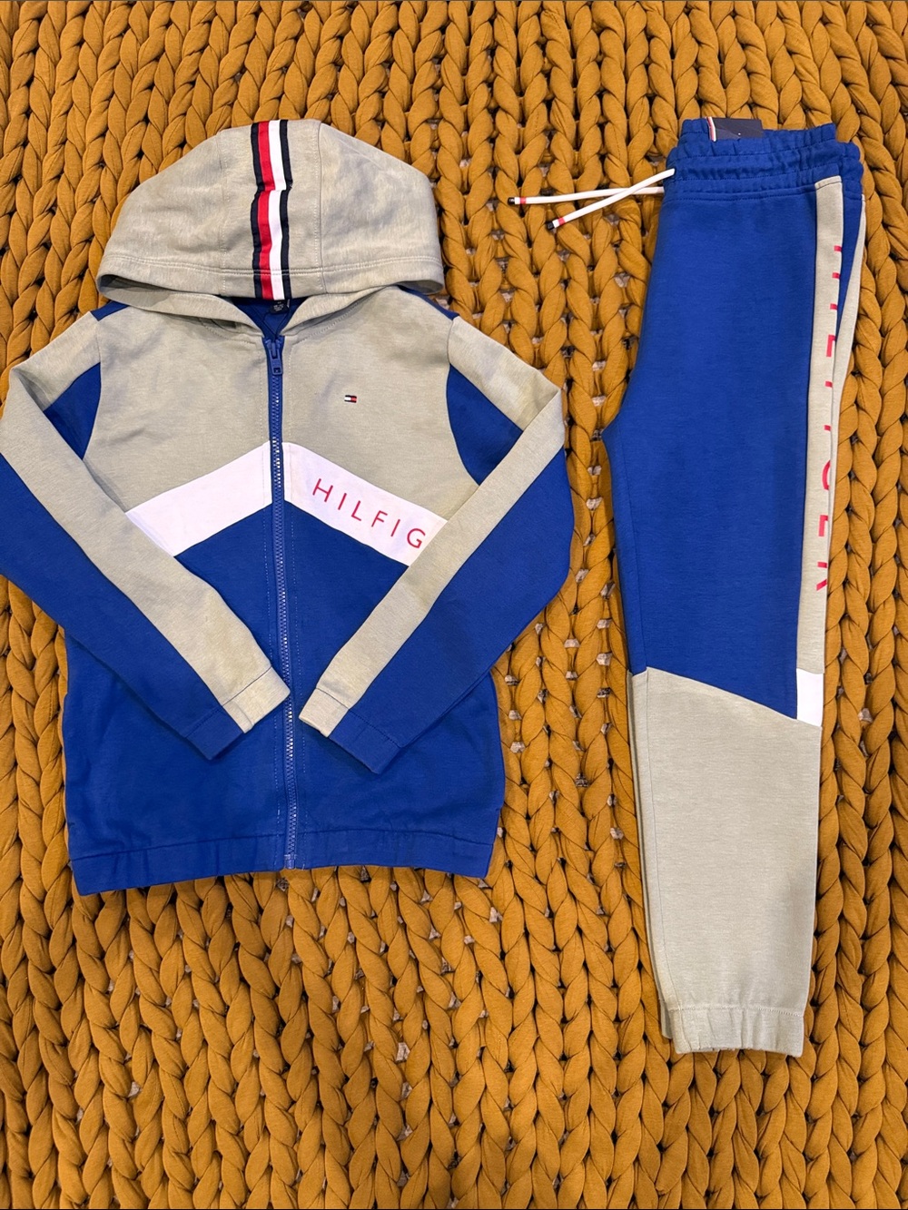Tommy Hilfiger Blue & Beige Kids Zip Hoodie  and Joggers Set - Med (8-10)